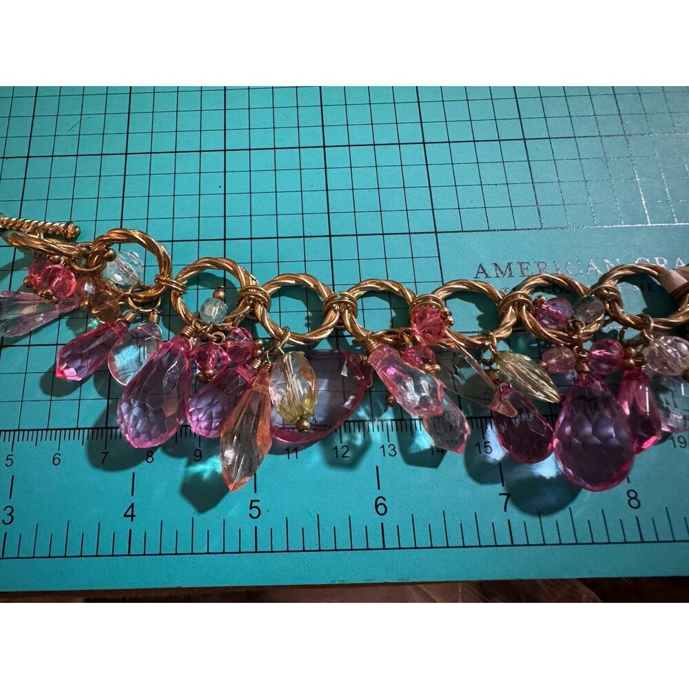 Gold Tone Pink & Blue Crystal Charm Bracelet Gold Twist Links